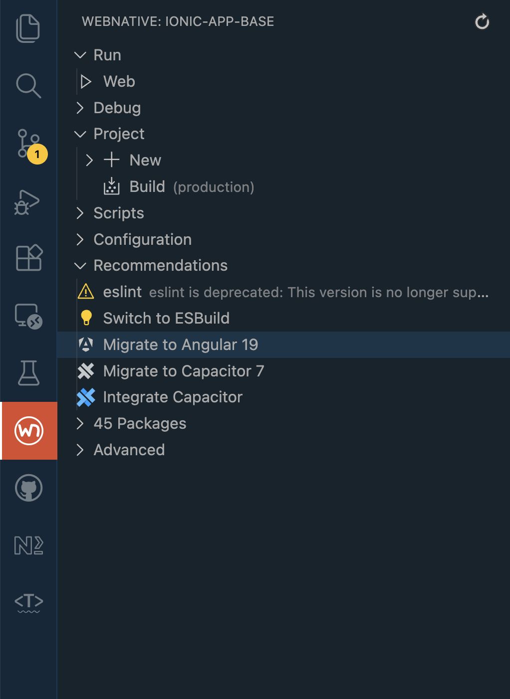 WebNative sidebar showing migration options